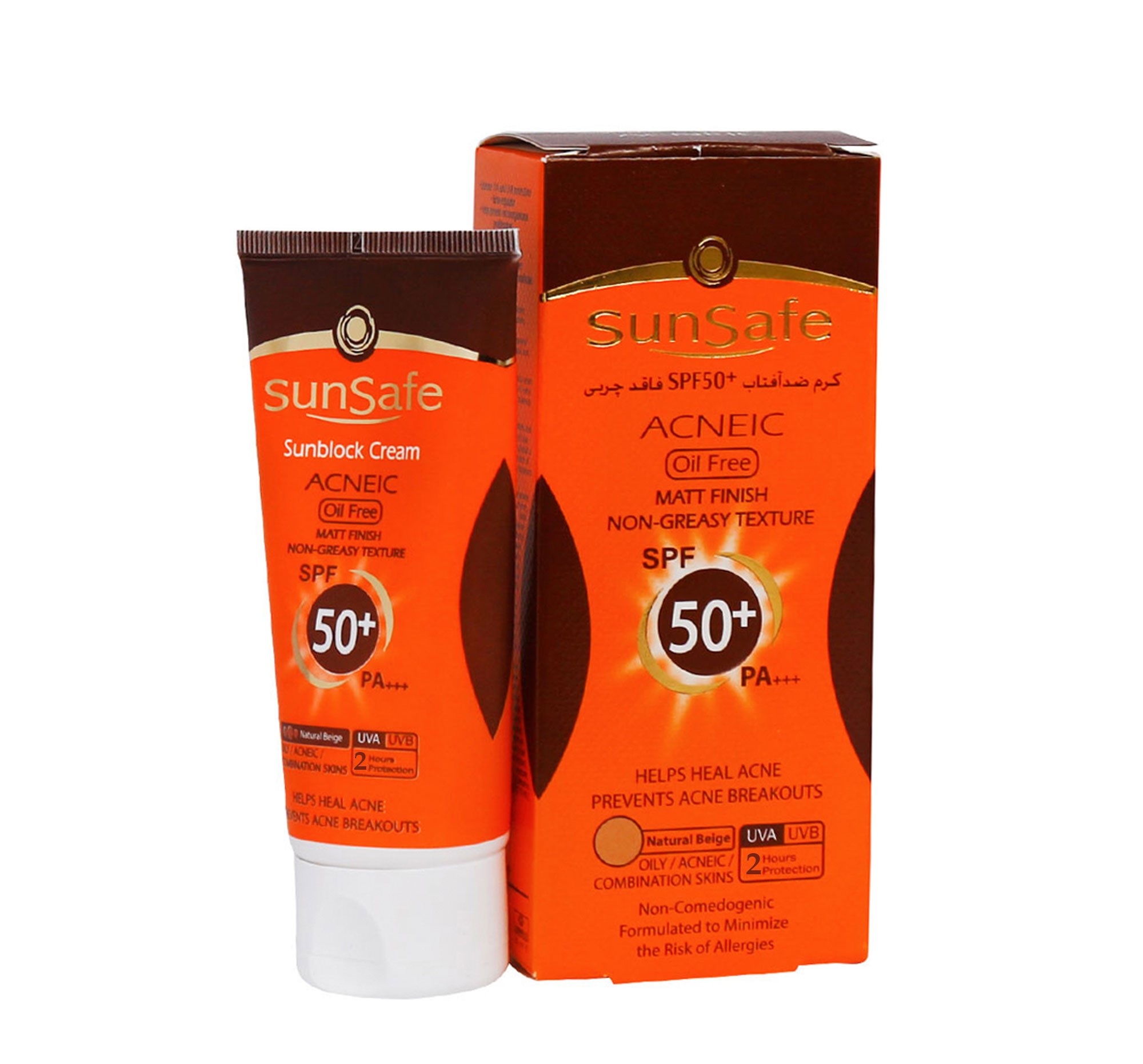 کرم ضدآفتابspf50 فاقد چربی  مناسب برای پوست های چرب و آکنه ای کرم پودری بژ طبیعی سان سیف  